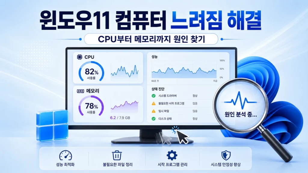 윈도우11 컴퓨터 느려짐 원인을 CPU와 메모리 사용량부터 확인하는 방법을 표현한 대표이미지