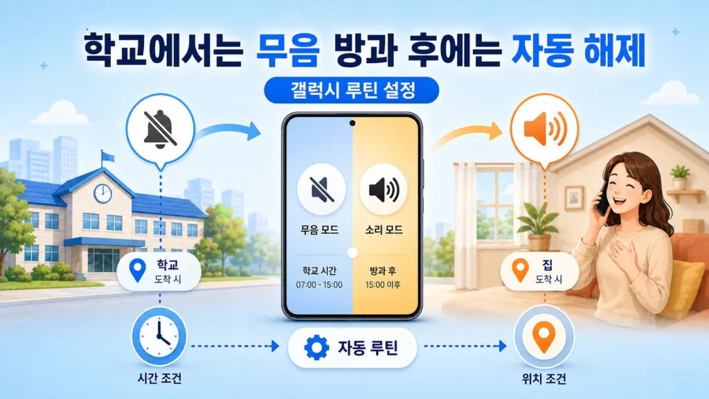 아이 휴대폰을 학교에서는 무음으로 설정하고 방과 후에는 소리를 복원하는 갤럭시 루틴 대표이미지
