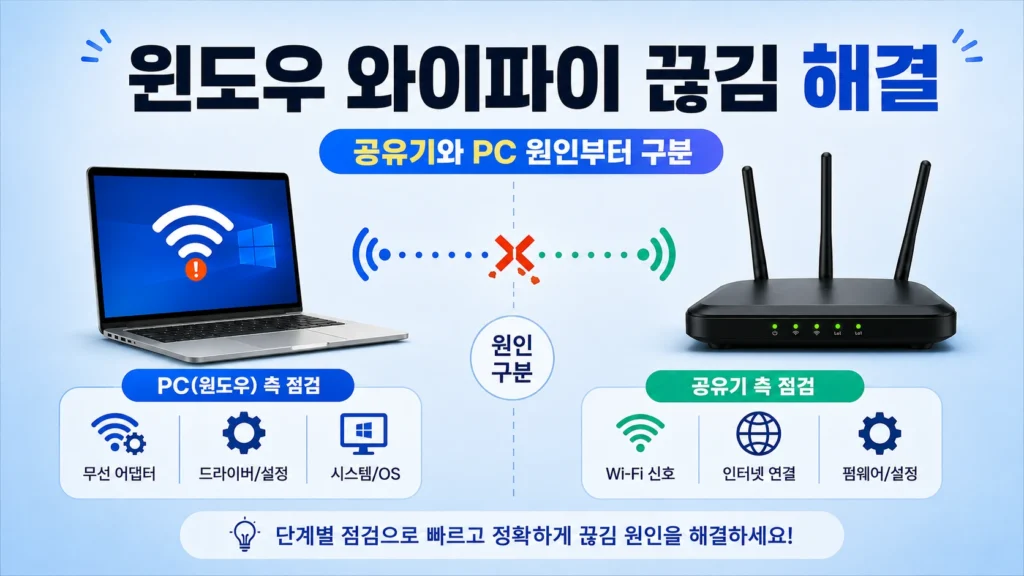 윈도우 노트북에서 와이파이 연결이 반복해서 끊기는 문제와 네트워크 설정을 점검해 해결하는 방법을 표현한 대표 이미지