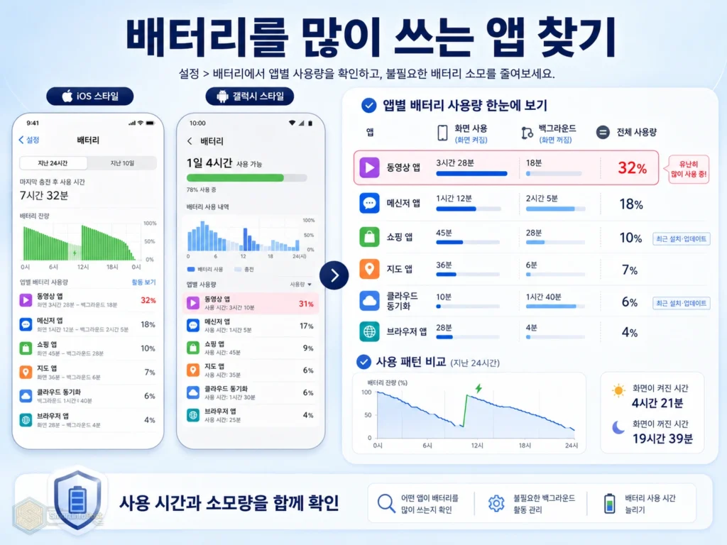 아이폰과 갤럭시에서 배터리 소모가 큰 앱을 확인하는 방법