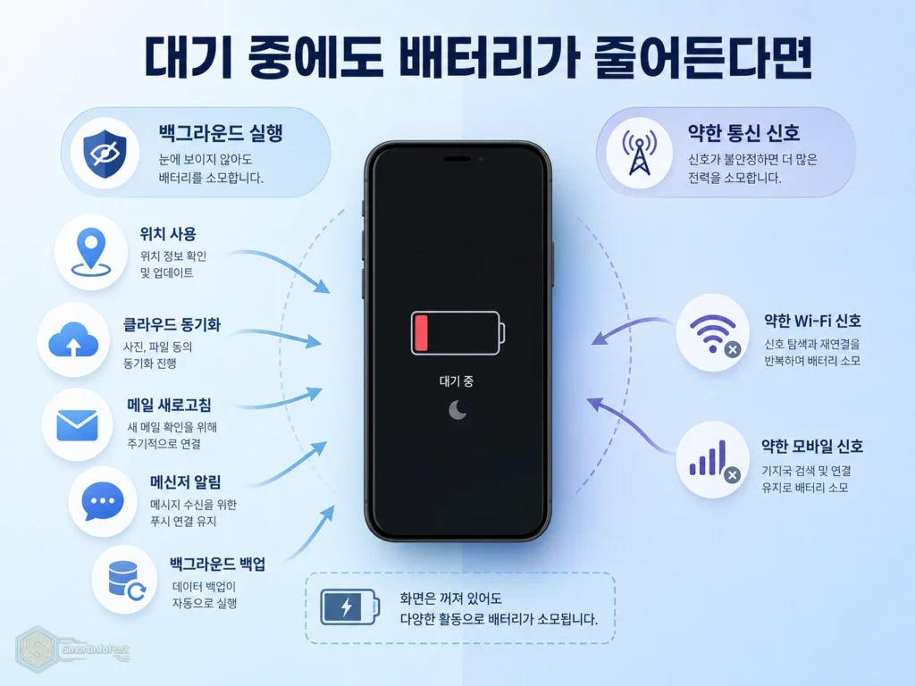 스마트폰 대기 중 발열을 유발할 수 있는 위치 동기화와 약한 통신 신호