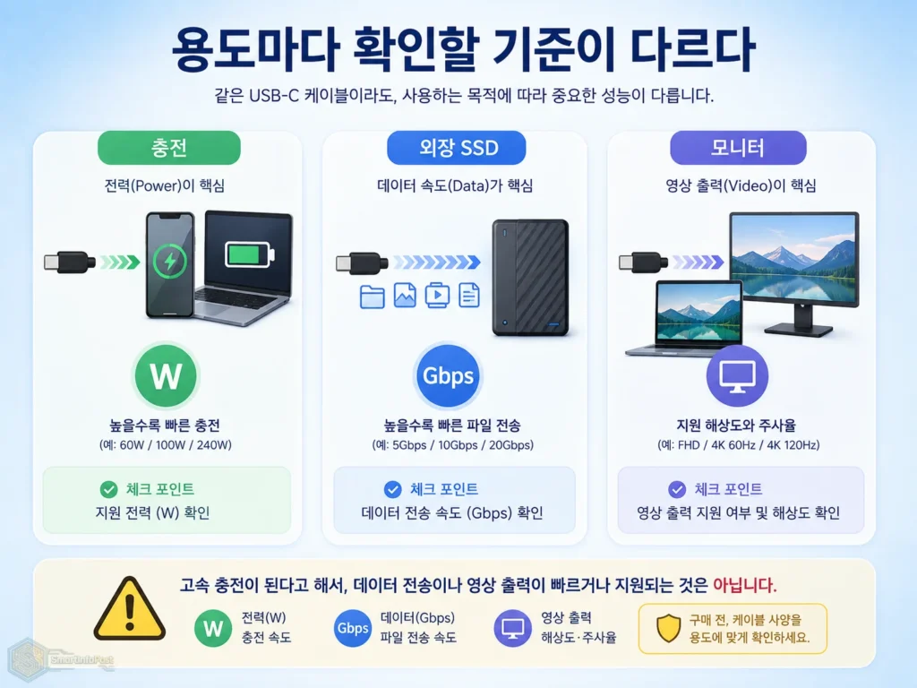 USB-C 케이블을 충전, 외장 SSD 데이터 전송, 모니터 영상 출력에 사용할 때 확인할 기준을 비교한 이미지