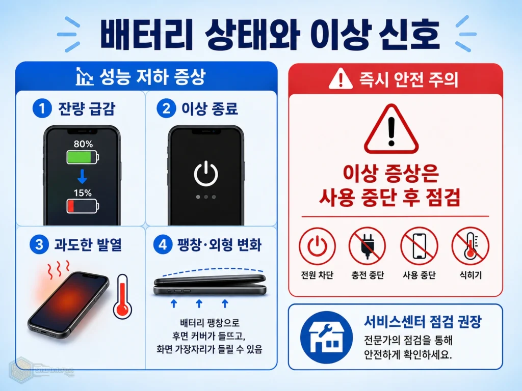 스마트폰 배터리 성능 저하와 팽창 과도한 발열 점검 기준