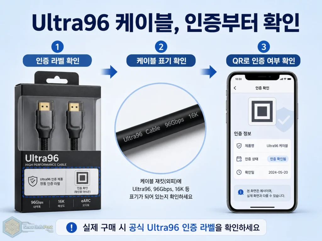 Ultra96 HDMI 케이블과 공식 인증 라벨, QR 인증 확인 방법을 보여주는 이미지