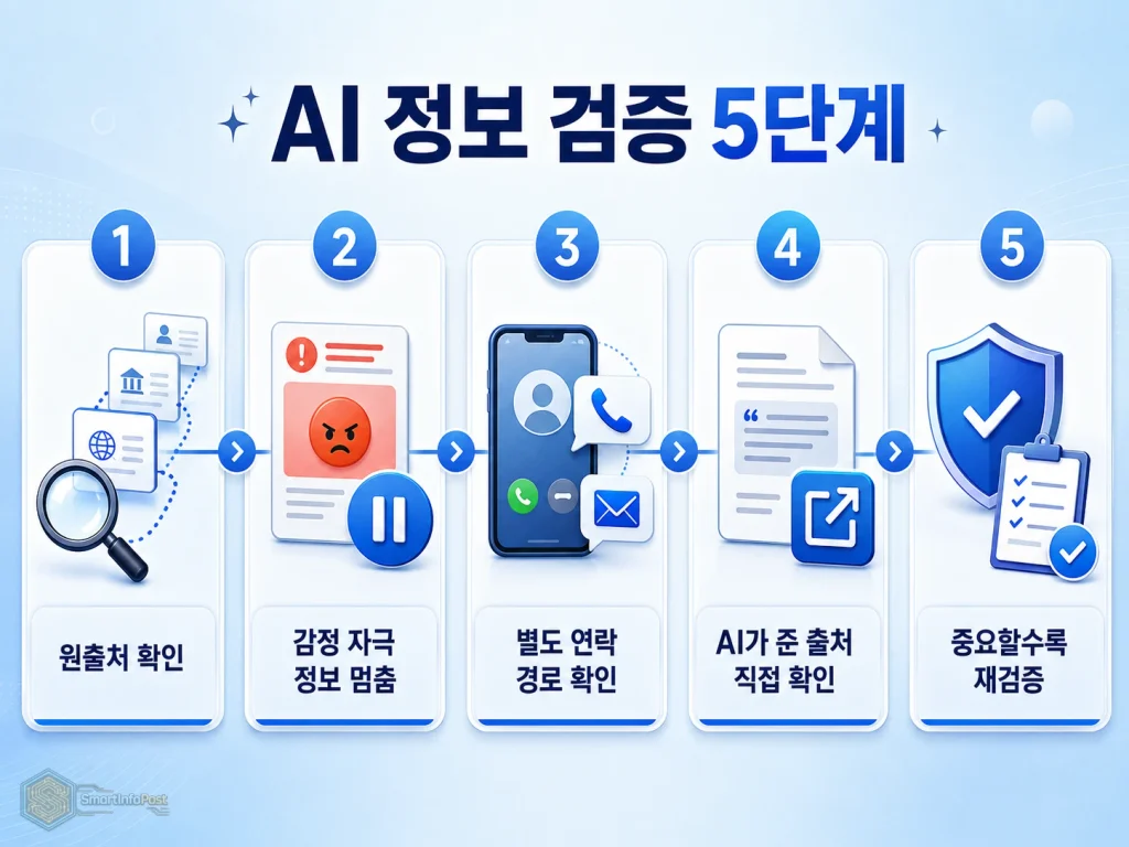 AI 시대에 원출처 추적, 공식 채널 확인, 감정 자극 정보 멈춤, 별도 연락 경로 확인을 순서대로 정리한 정보 검증 체크 이미지