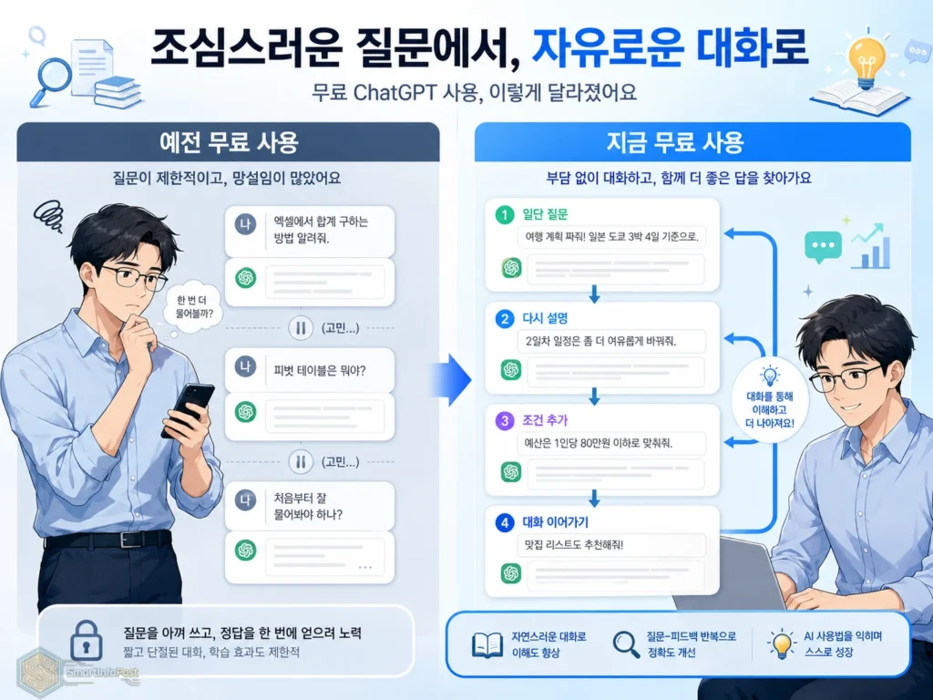 ChatGPT 무료 텍스트 무제한으로 질문을 아끼던 사용에서 부담 없이 대화를 이어가는 방식으로 달라진 모습을 표현한 이미지
