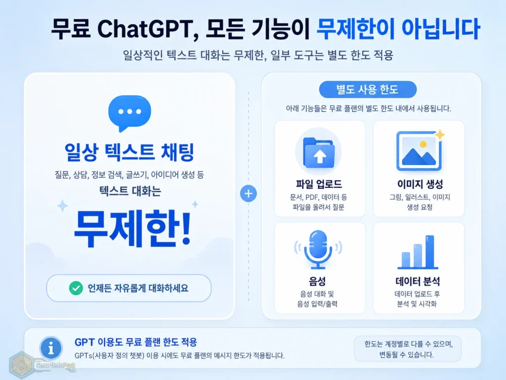 ChatGPT 무료에서 무제한인 일상 텍스트 채팅과 별도 한도가 적용되는 파일·이미지·음성·데이터 분석 기능을 비교한 이미지