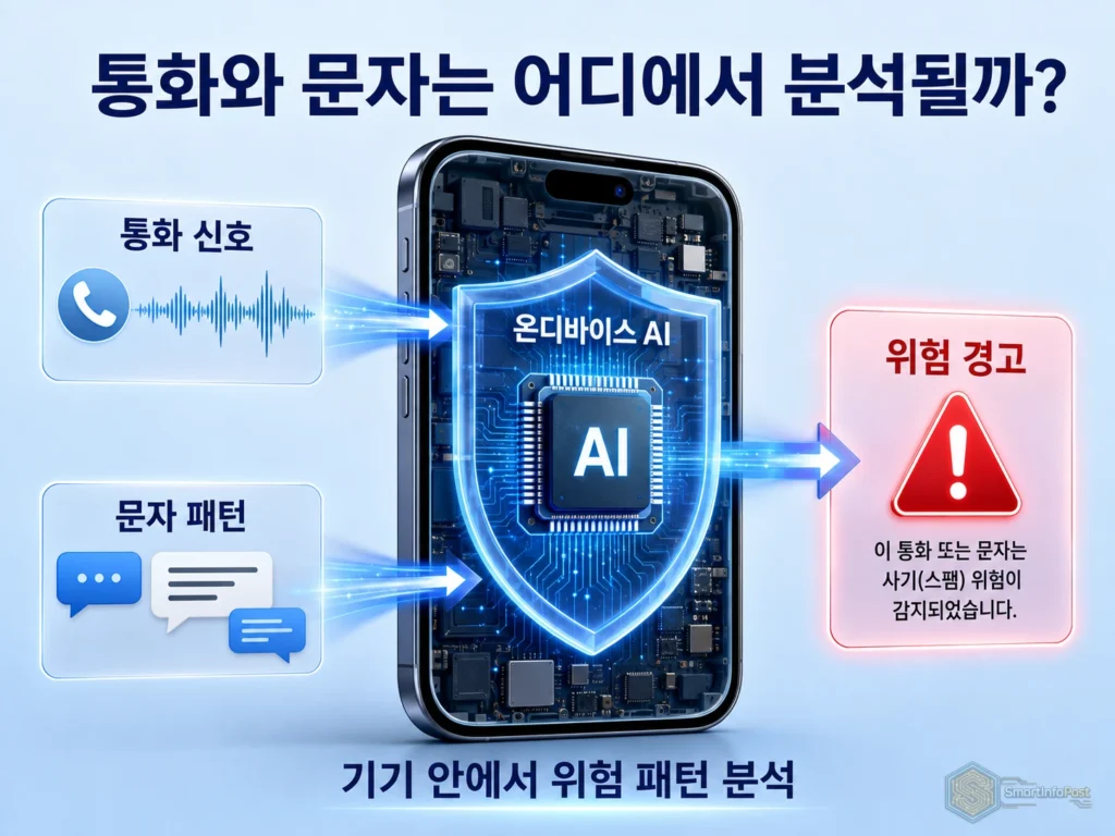 통화와 문자에서 들어온 위험 신호를 스마트폰 내부의 온디바이스 AI가 분석하는 구조