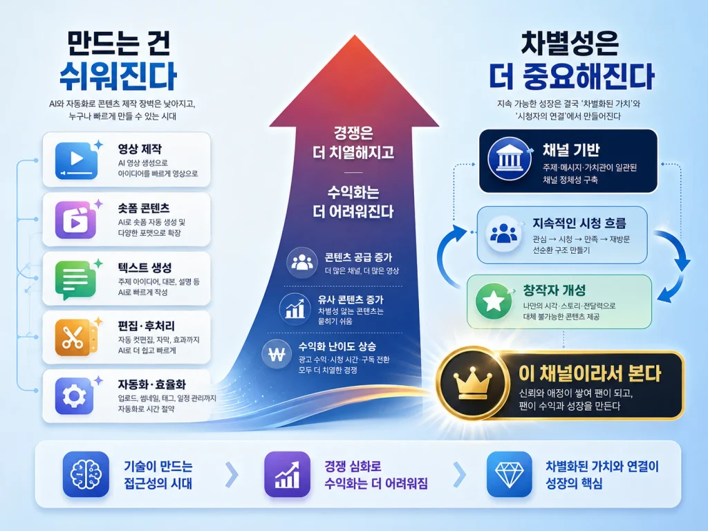 AI로 콘텐츠 제작은 쉬워지는 반면 수익창출에는 채널 기반과 창작자 개성이 더 중요해지는 흐름을 표현한 이미지