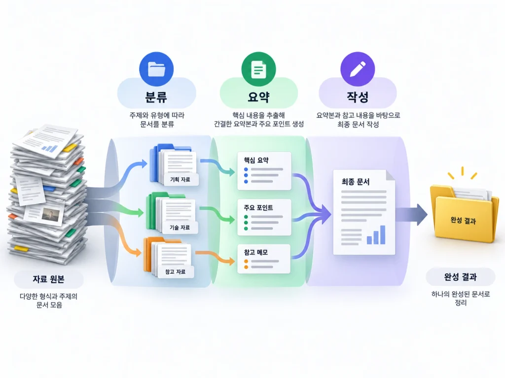 여러 자료가 classify 분류 스킬과 summarize 요약 스킬, write 작성 스킬을 거쳐 output 결과물로 이어지는 흐름