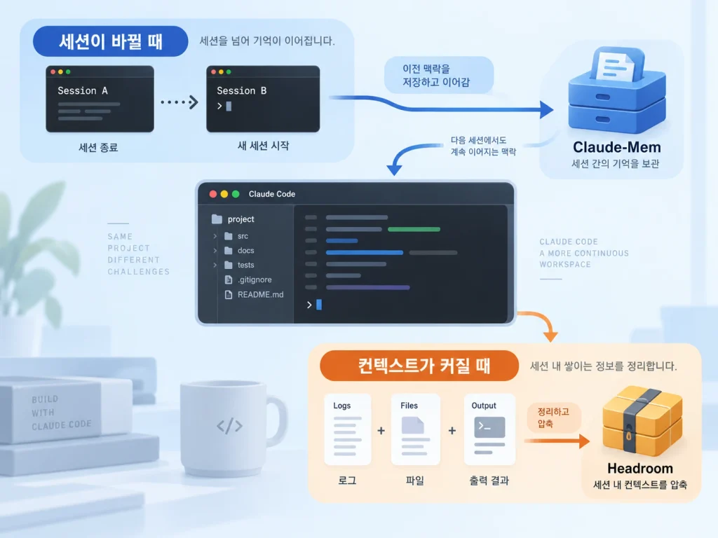 Claude-Mem은 이전 세션의 작업 맥락을 이어주고 Headroom은 현재 컨텍스트를 압축하는 차이를 비교한 이미지