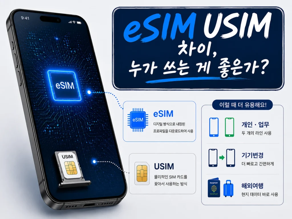 이심과 유심의 기본 차이와 두 개의 이동통신 회선을 구성하는 방식을 비교한 이미지