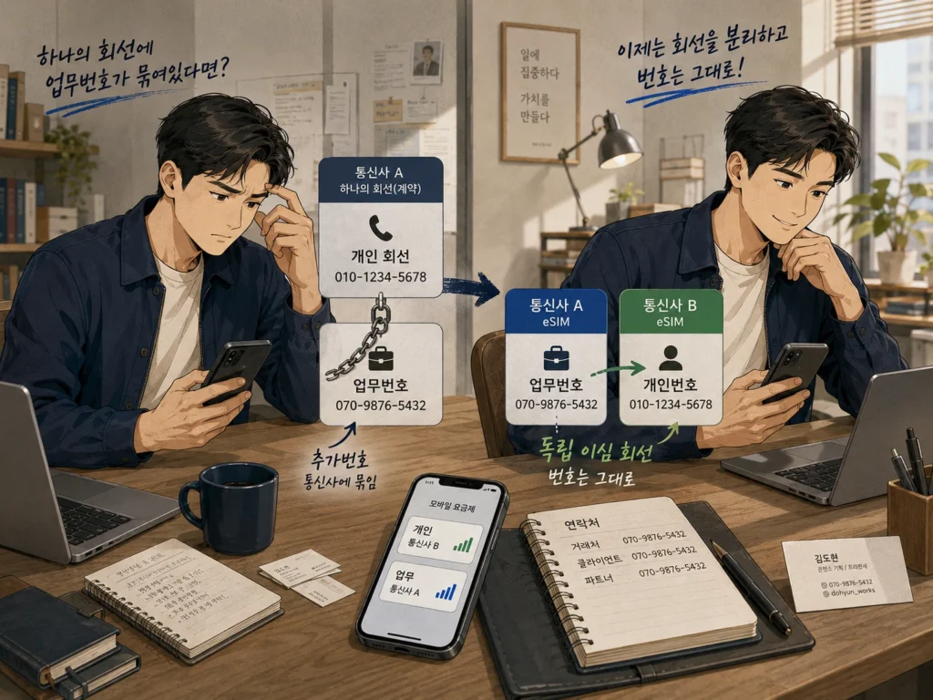 가상번호형 듀얼넘버와 독립 이심 업무회선의 차이를 비교한 이미지