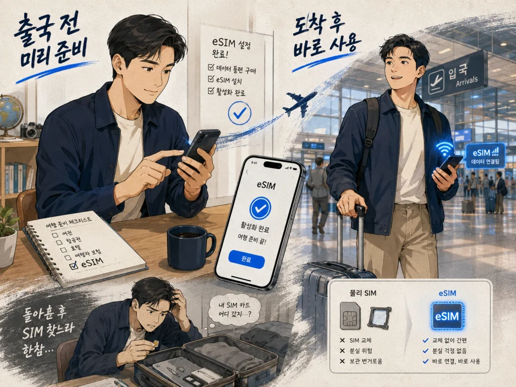 해외 공항에서 현지 유심을 교체하는 방식과 출국 전에 여행용 이심을 준비하는 방식을 비교한 이미지