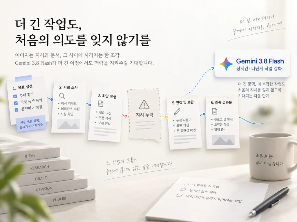 제미나이 3.8 Flash의 장시간·다단계 작업 강화와 지시 누락 문제에 대한 기대를 요약한 이미지