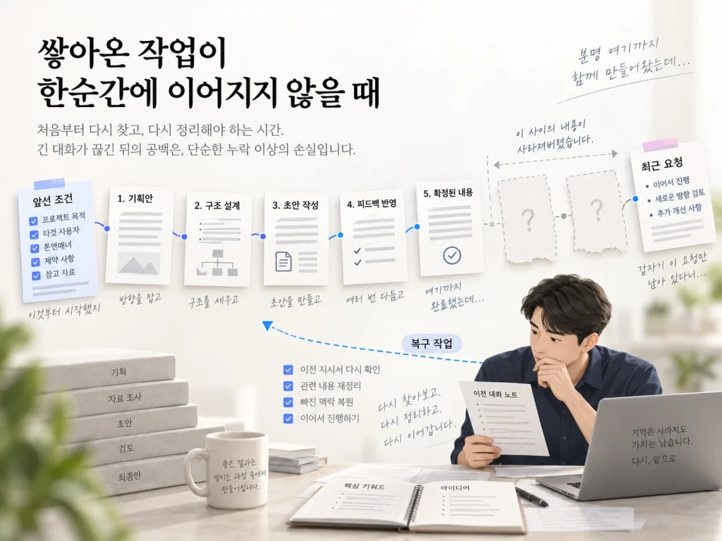 긴 AI 작업에서 이전 지시와 확정 내용이 누락되어 작업을 다시 복구하는 흐름 이미지