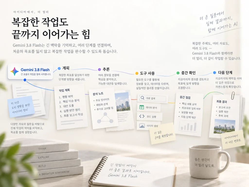 제미나이 3.8 Flash의 장시간 작업과 다단계 추론 강화 개념 이미지