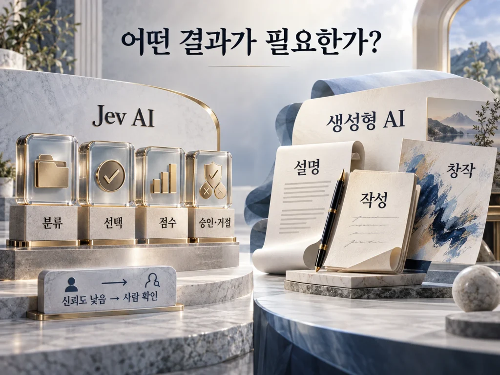 정해진 결과를 고르는 Jev AI와 설명·창작·작성을 담당하는 생성형 AI의 적합 작업 차이