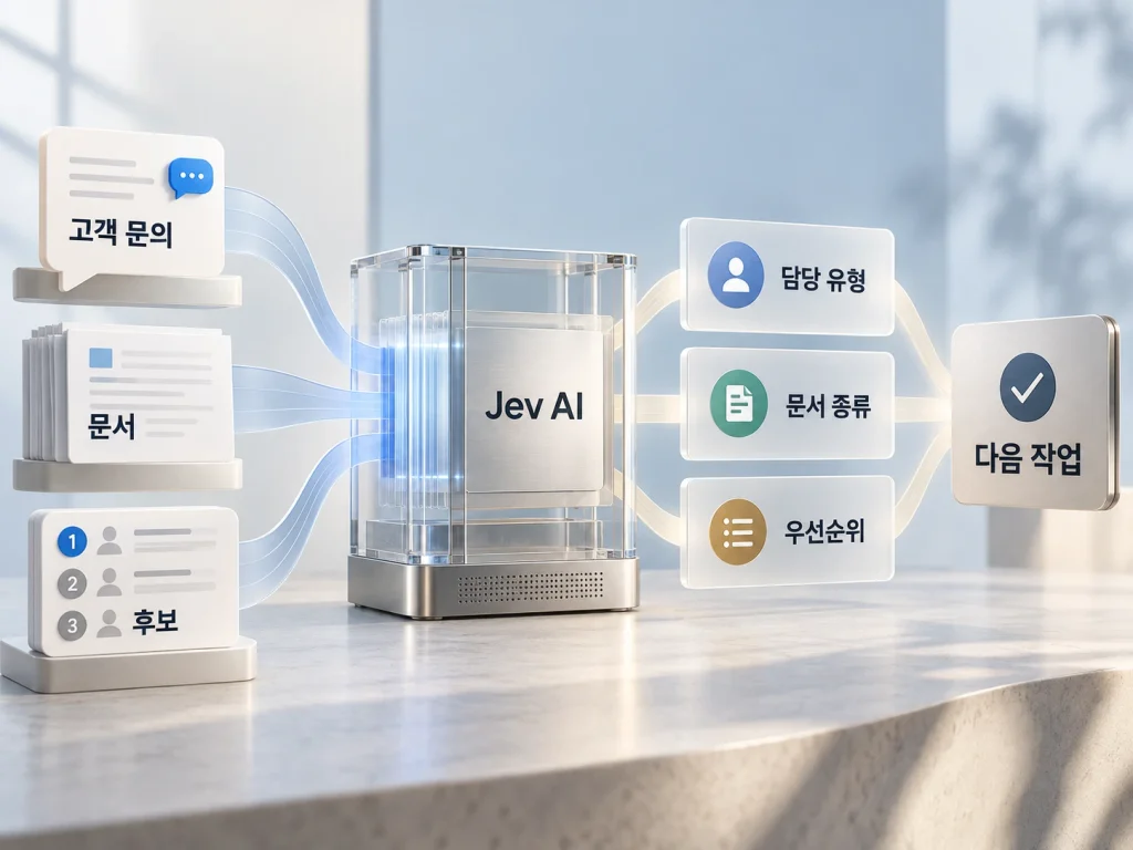 고객 문의·문서 검수·후보 비교가 분류·전달 경로 결정·점수 판단을 거쳐 다음 작업으로 연결되는 흐름