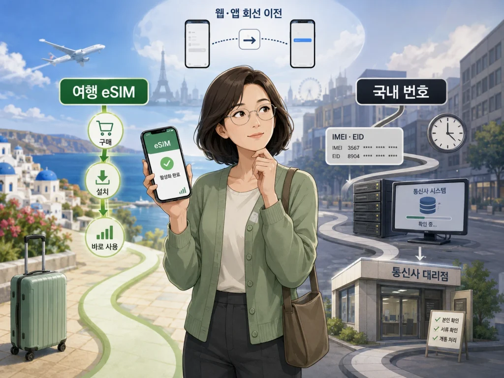 국내 eSIM의 개통시간·단말등록·재발급 과정과 일본·해외의 간편한 회선 이전, 여행 eSIM의 편리함을 함께 대비한 이미지
