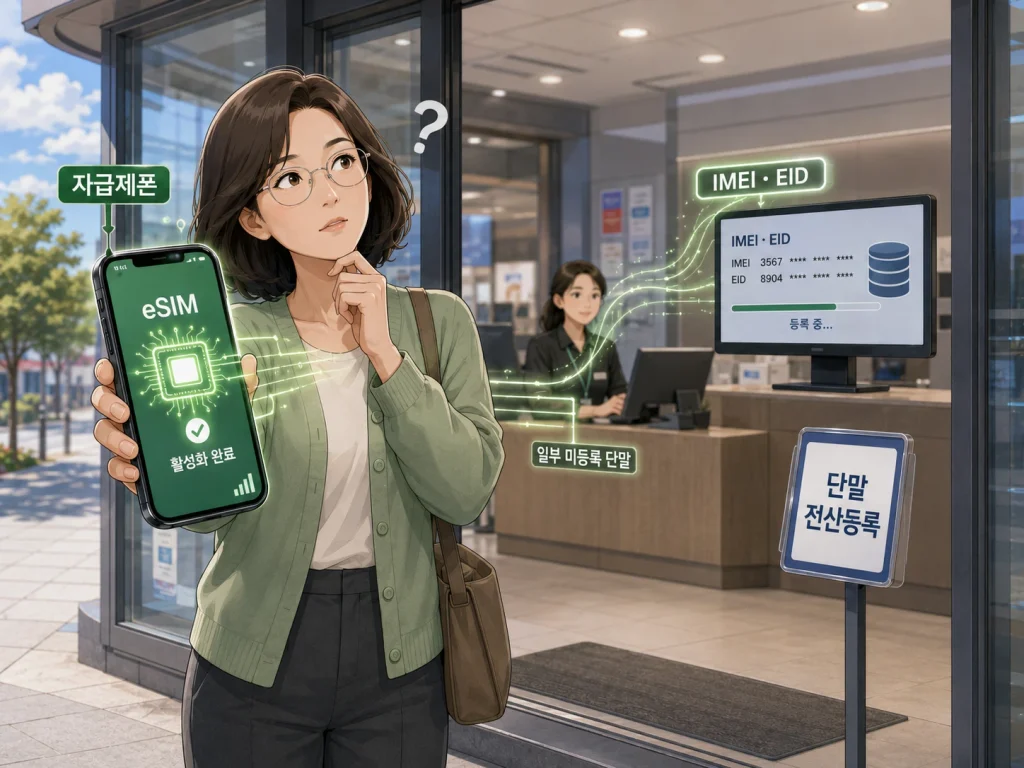 자급제폰으로 eSIM을 사용하려다 IMEI와 EID 확인, 통신사 전산등록과 매장 방문으로 이어질 수 있는 상황을 보여주는 이미지