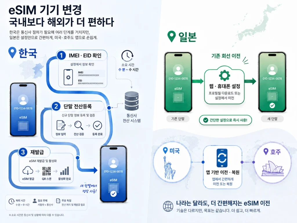 한국의 eSIM 단말등록과 재발급 과정과 일본·미국·호주의 웹·앱 기반 회선 이전 방식을 비교한 이미지