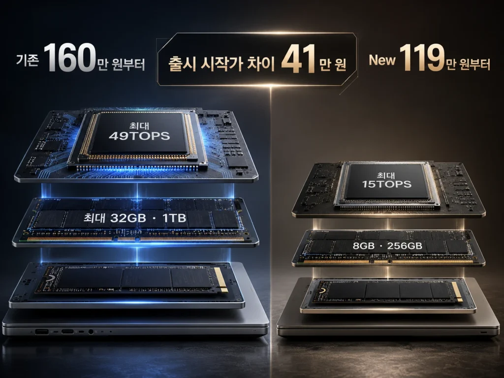 기존 갤럭시 북6과 New 갤럭시 북6의 가격, 프로세서, NPU, 메모리 차이를 비교한 이미지