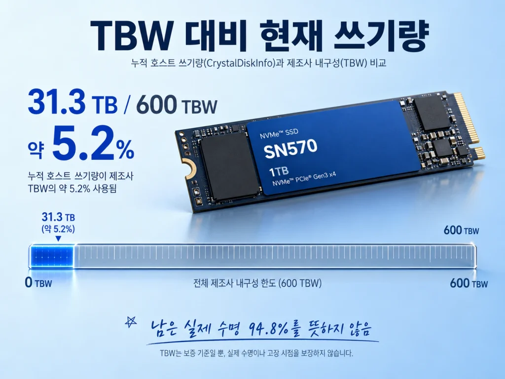 600TBW SSD와 31.3TB 누적 호스트 쓰기량을 비교해 쓰기 내구성 사용 정도를 설명한 이미지