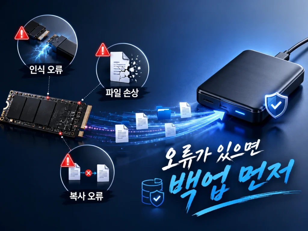 SMART 경고 여부에 따라 계속 사용, 상태 확인, 백업 우선으로 판단하는 흐름 이미지